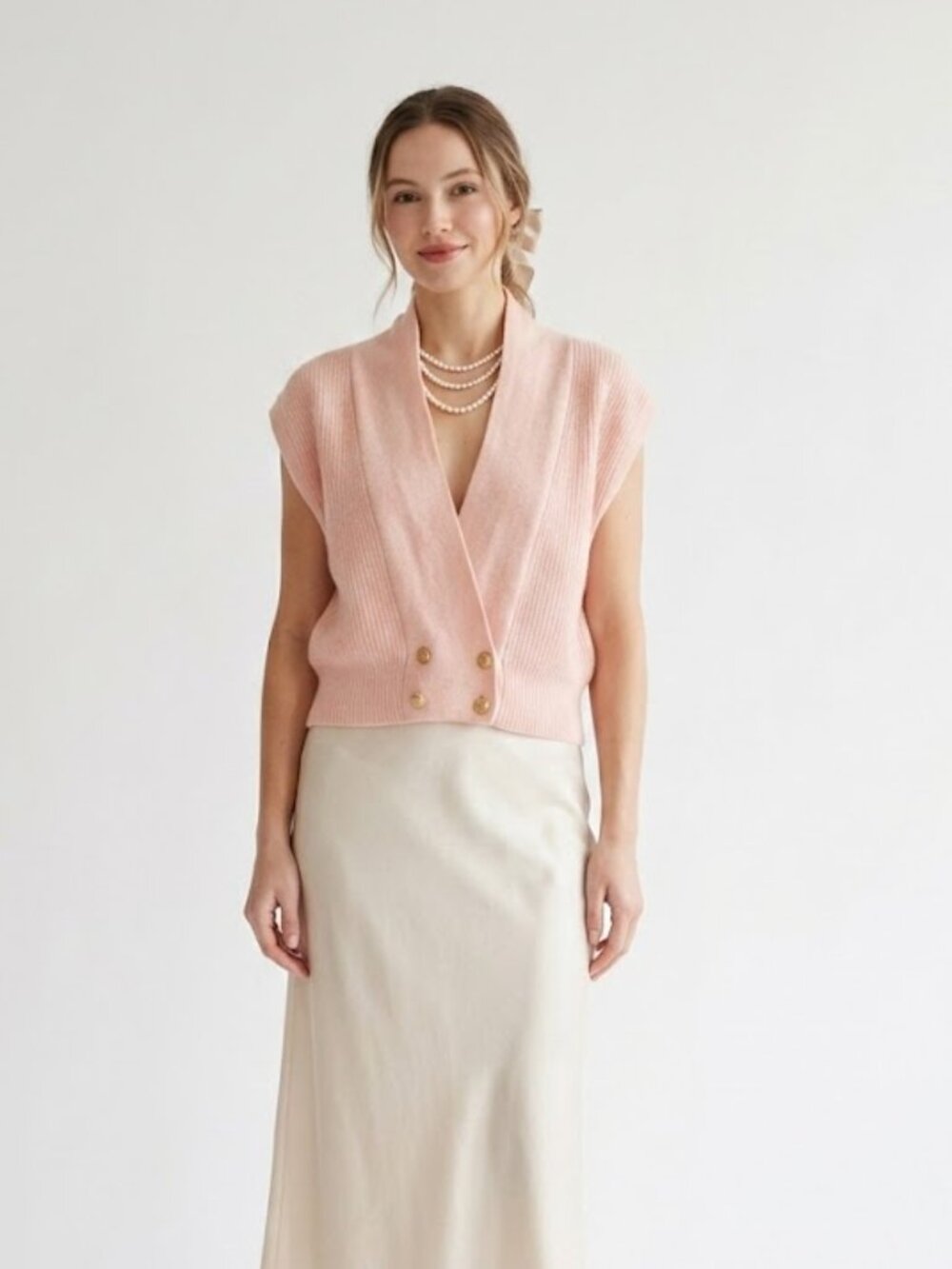 Vintage Lauren Cole Lambswool Angora Sweater Vest Pink Gold Button Petite M - Picture 2 of 9